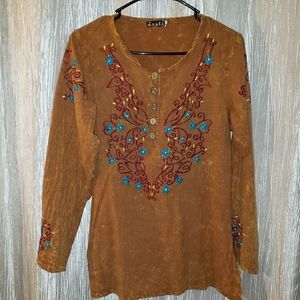 Jazi Large Women's Hippy Light Brown Long Sleeve Shirt with embroidered design